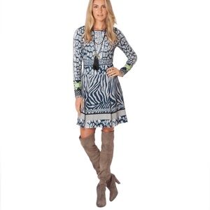 Hale Bob Leopard Zebra Print Long Sleeve Fit & Flare Dress - Large